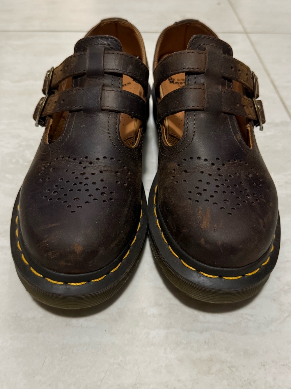 Dr. Martens Brown Leather Mary Jane Loafers with Yellow Stitching